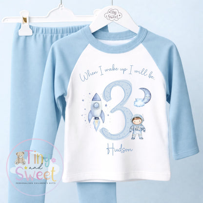 Space Blue Birthday Pyjamas, When I Wake Up I’ll Be…, Outer Space Universe Birthday Pjs, Boys Birthday, Space Theme