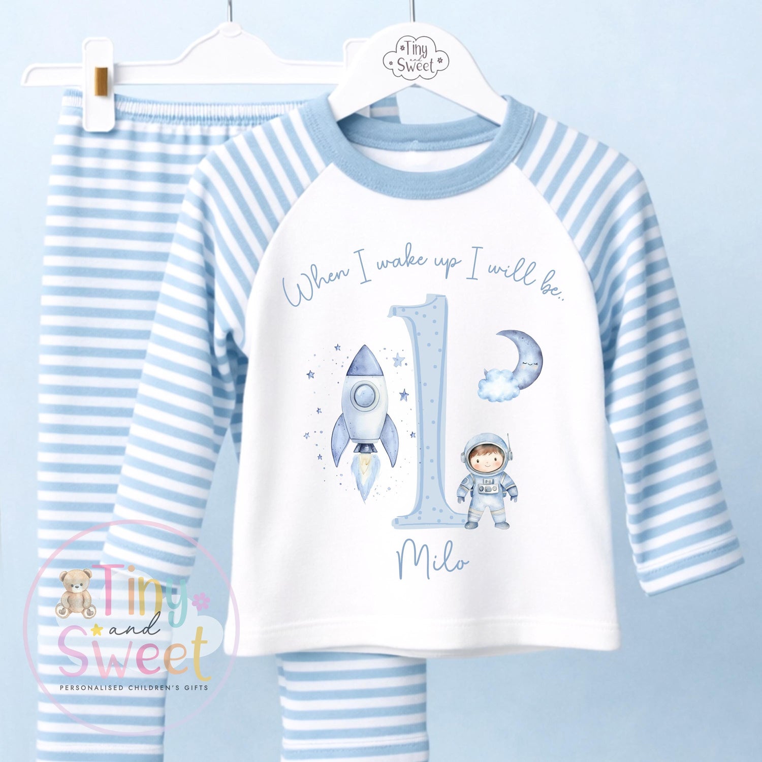 Space Blue Birthday Pyjamas, When I Wake Up I’ll Be…, Outer Space Universe Birthday Pjs, Boys Birthday, Space Theme