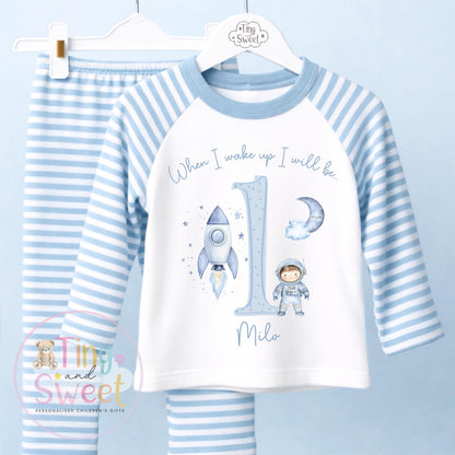 Space Blue Birthday Pyjamas, When I Wake Up I’ll Be…, Outer Space Universe Birthday Pjs, Boys Birthday, Space Theme
