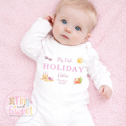 My First Holiday Sleepsuit Babygrow, Personalised Baby T Shirt, Baby’s First Holiday Shirt, Cute Summer Travel Outfit, My First Holiday