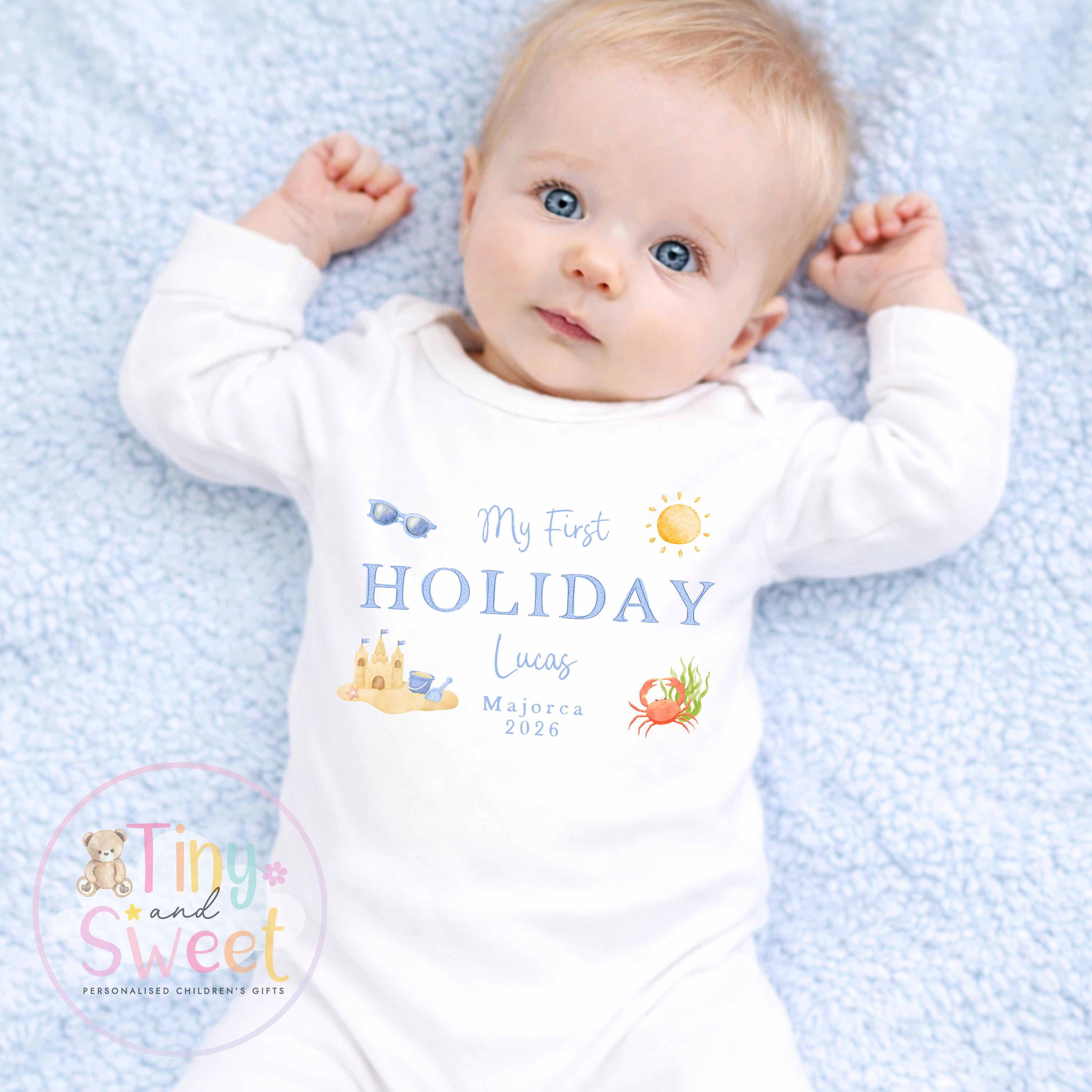 My First Holiday T-Shirt, Personalised Baby Travel Outfit, Baby’s First Holiday Shirt, Cute Summer Travel Outfit, My First Holiday Design