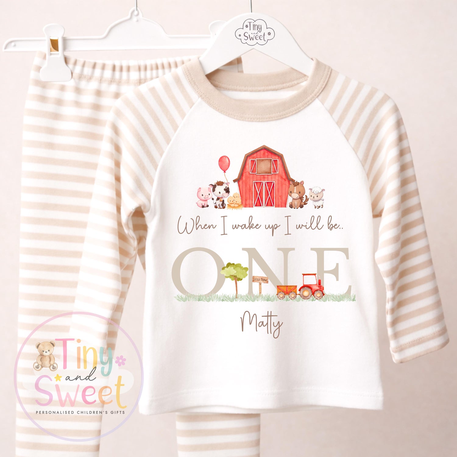 Beige Farm Birthday Pyjamas, Personalised When I Wake Up I’ll Be.. - 100% Cotton