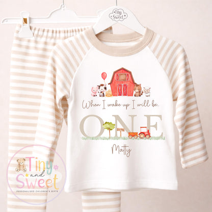 Beige Farm Birthday Pyjamas, Personalised When I Wake Up I’ll Be.. - 100% Cotton