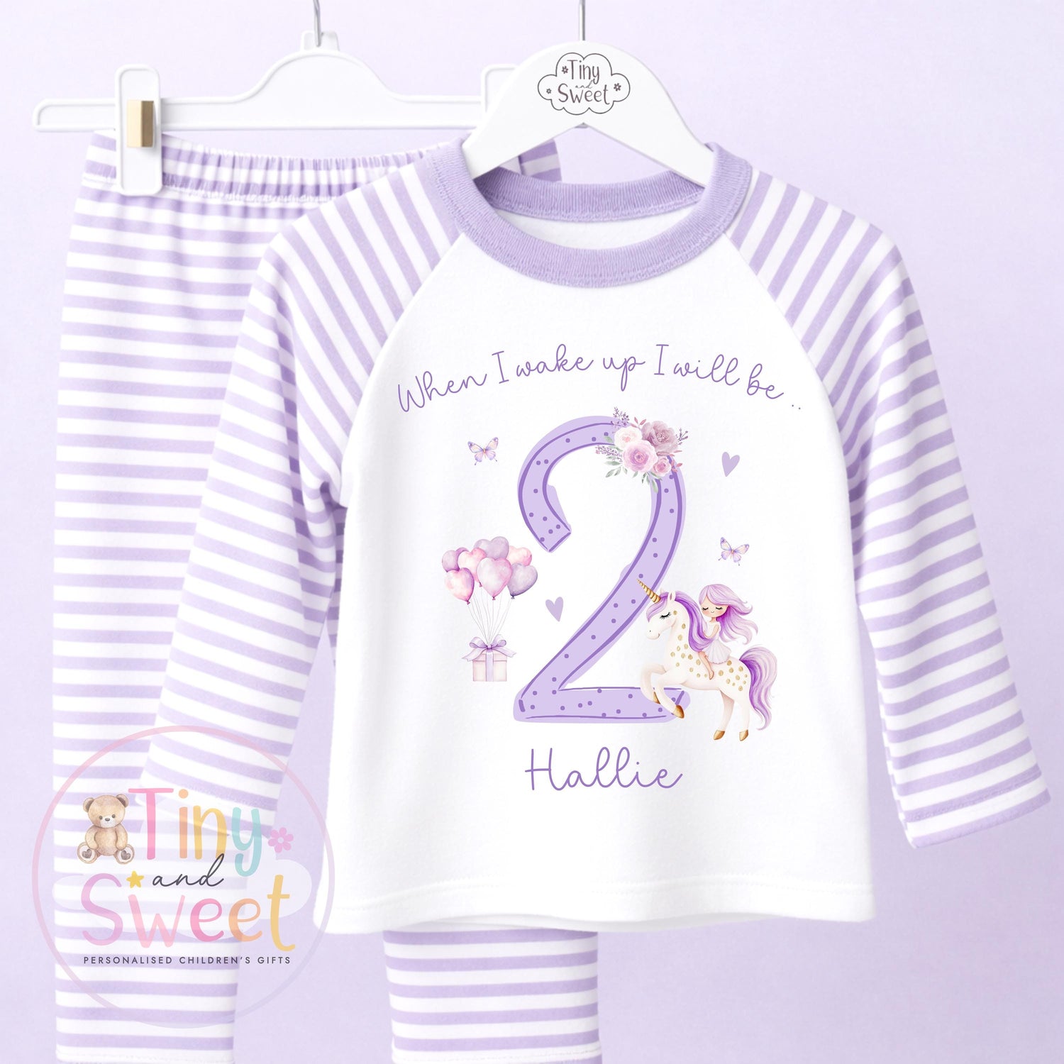 Purple Unicorn Personalised Birthday Pyjamas, When I Wake up i will be .. - 100% Cotton