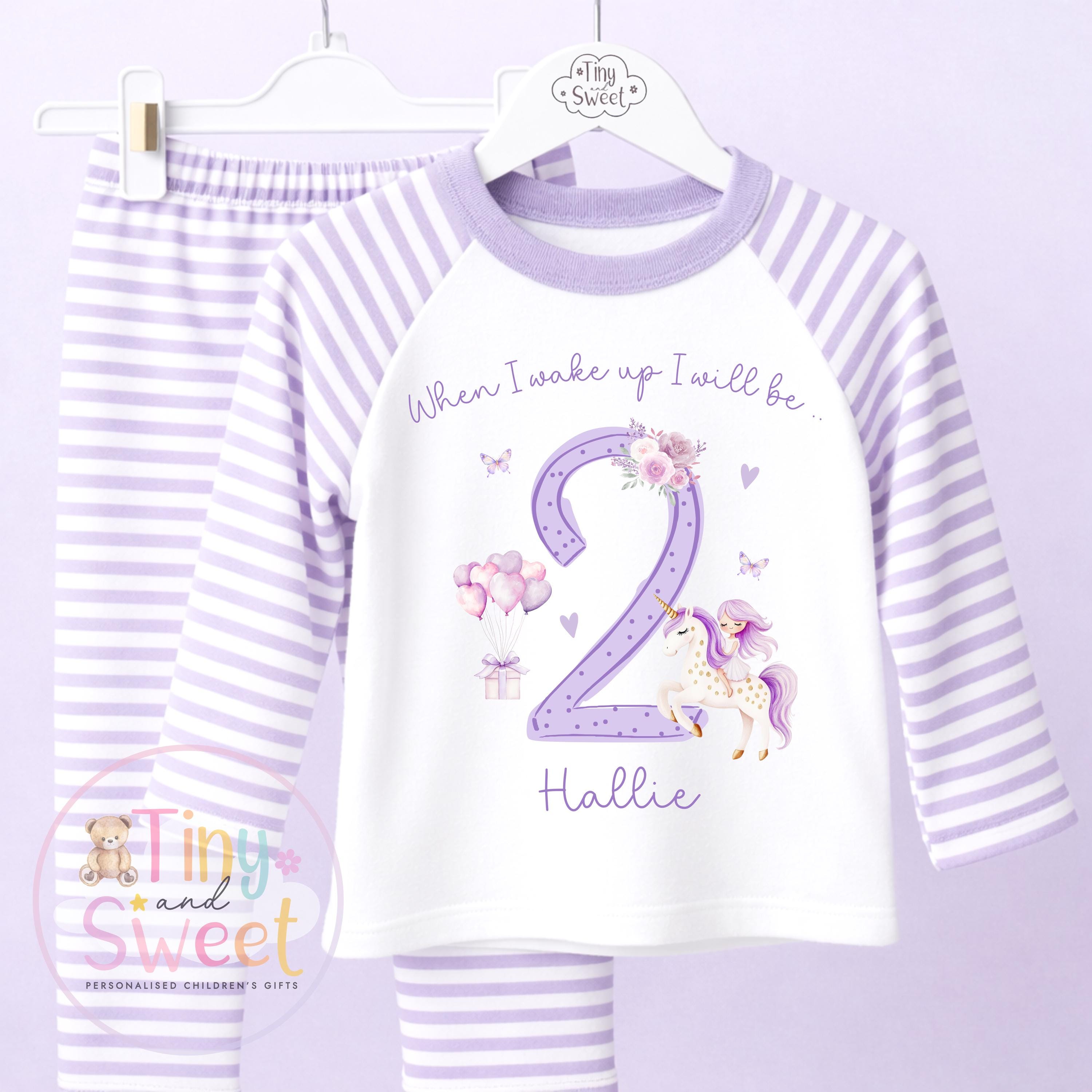Purple Unicorn Personalised Birthday Pyjamas, When I Wake up i will be .. - 100% Cotton