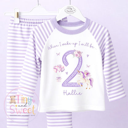 Purple Unicorn Personalised Birthday Pyjamas, When I Wake up i will be .. - 100% Cotton