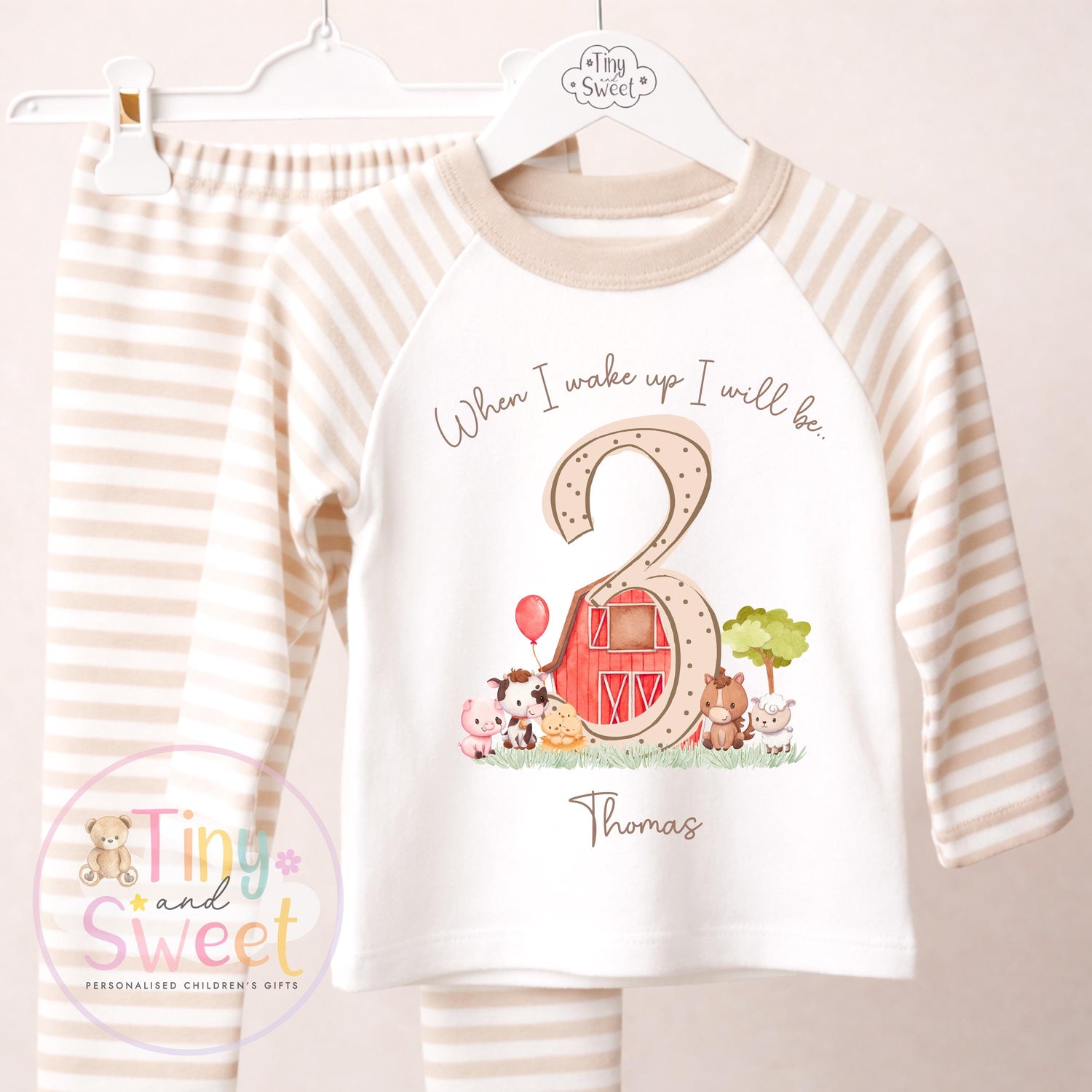 Beige Farm Birthday Pyjamas, Personalised When I Wake Up I’ll Be.. - 100% Cotton