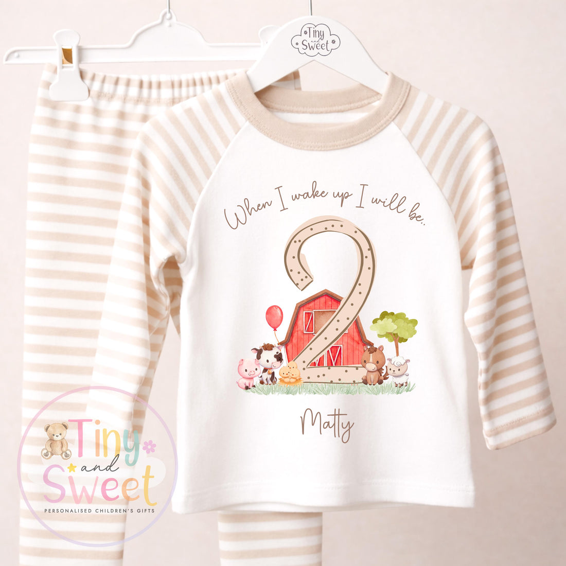 Beige Farm Birthday Pyjamas, Personalised When I Wake Up I’ll Be.. - 100% Cotton