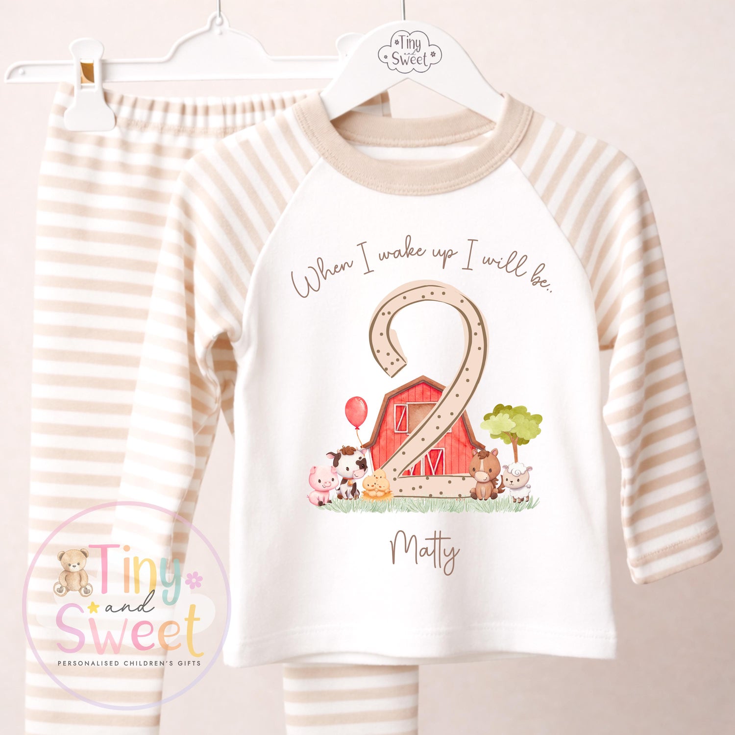Beige Farm Birthday Pyjamas, Personalised When I Wake Up I’ll Be.. - 100% Cotton