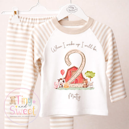 Beige Farm Birthday Pyjamas, Personalised When I Wake Up I’ll Be.. - 100% Cotton