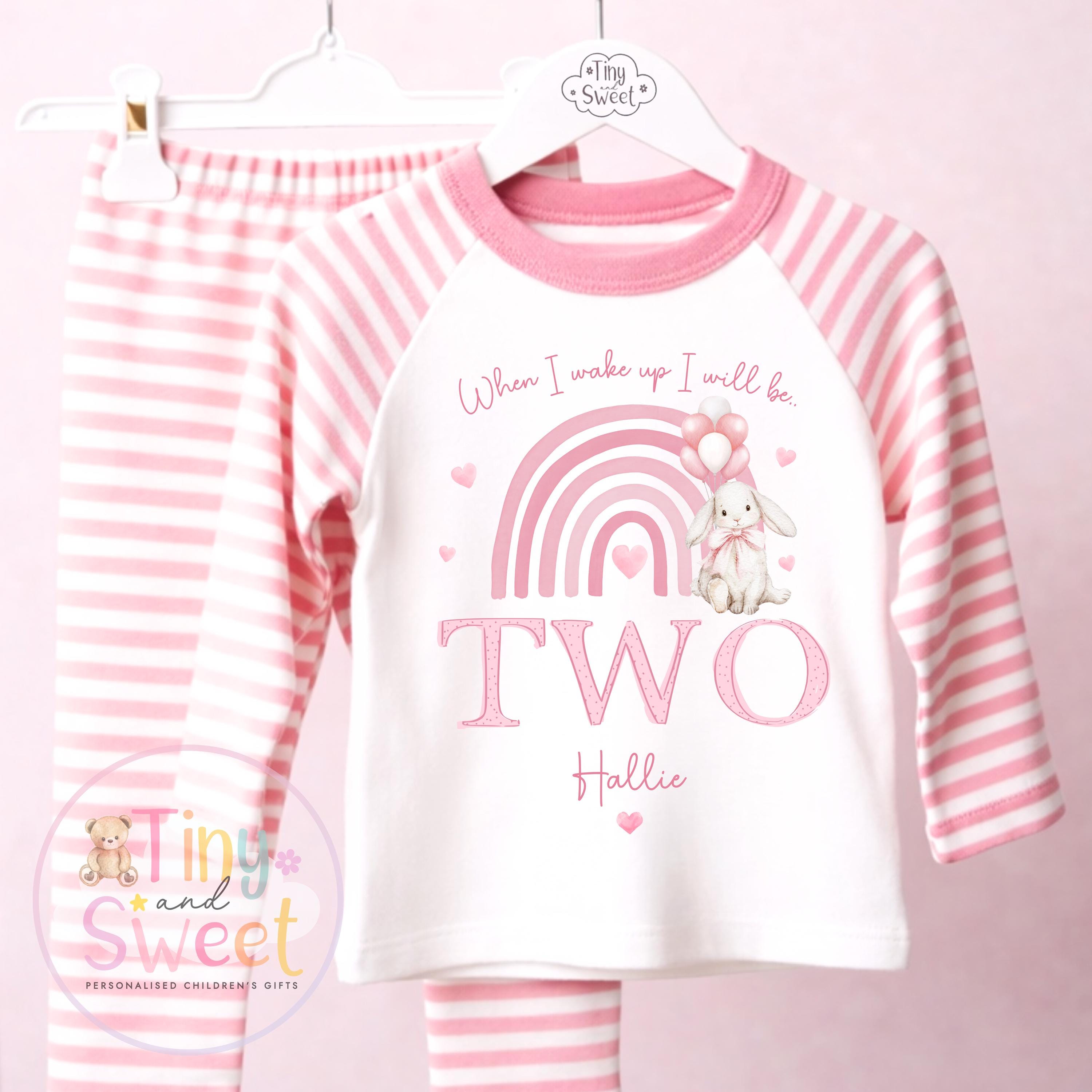 Pink Bunny Personalised Birthday Pyjamas, When I wake up I will be .. - 100% Cotton