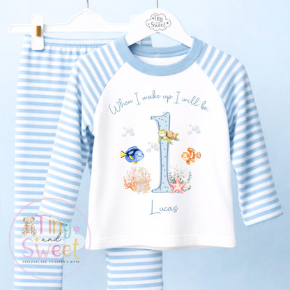 Blue Under The Sea Ocean Tropical Personalised Birthday Pyjamas, When i wake up i will be .. - 100% Cotton