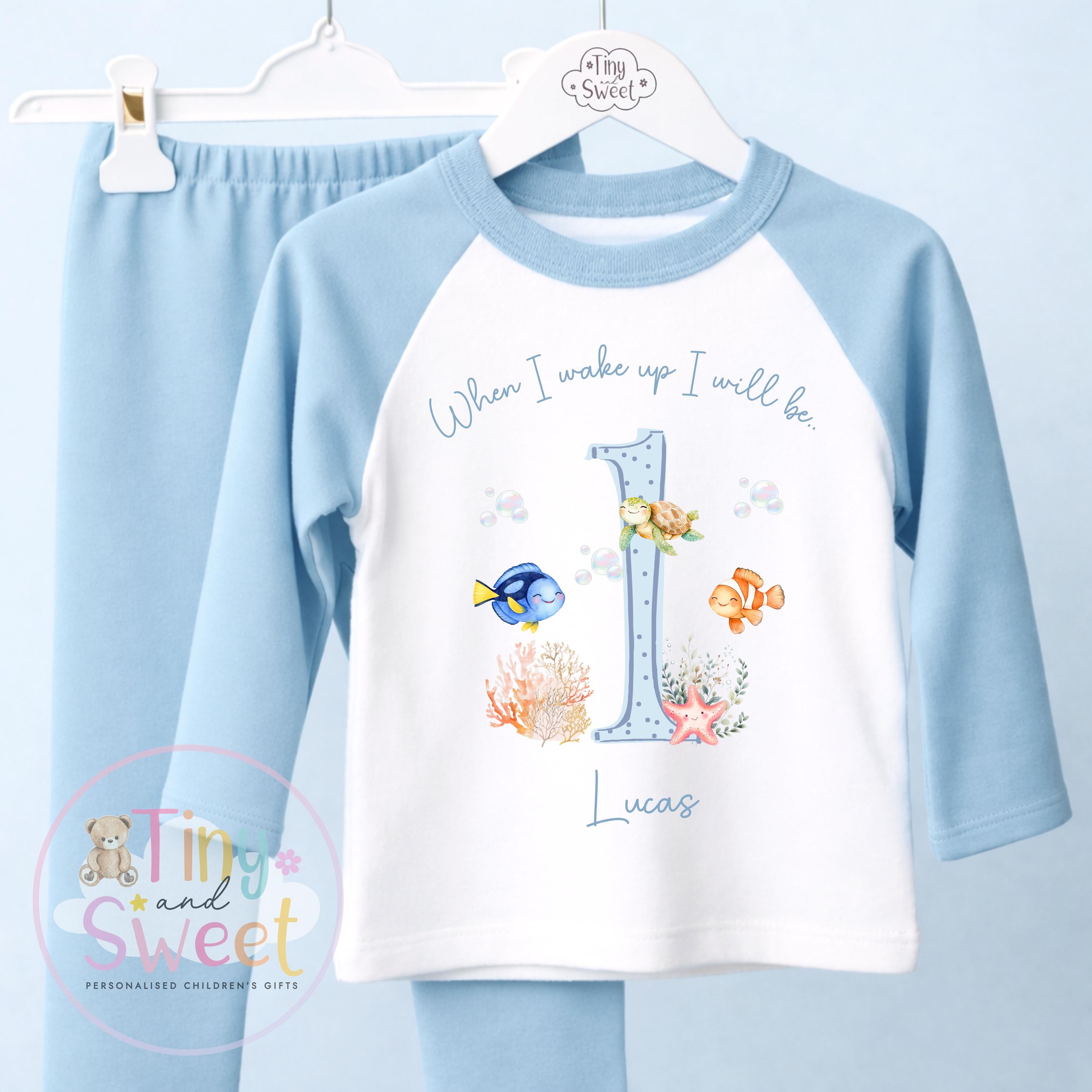 Blue Under The Sea Ocean Tropical Personalised Birthday Pyjamas, When i wake up i will be .. - 100% Cotton
