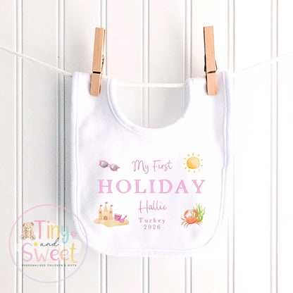 My First Holiday T-Shirt, Personalised Baby Travel Outfit, Baby’s First Holiday Shirt, Cute Summer Travel Outfit, My First Holiday Design