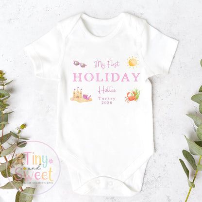 My First Holiday T-Shirt, Personalised Baby Travel Outfit, Baby’s First Holiday Shirt, Cute Summer Travel Outfit, My First Holiday Design