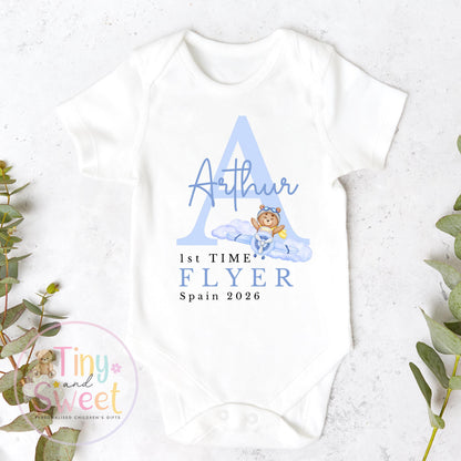 Personalised First Flight Sleepsuit Baby, First Time Flyer Bodysuit, Baby’s First Holiday Outfit, Custom Name Babygrow