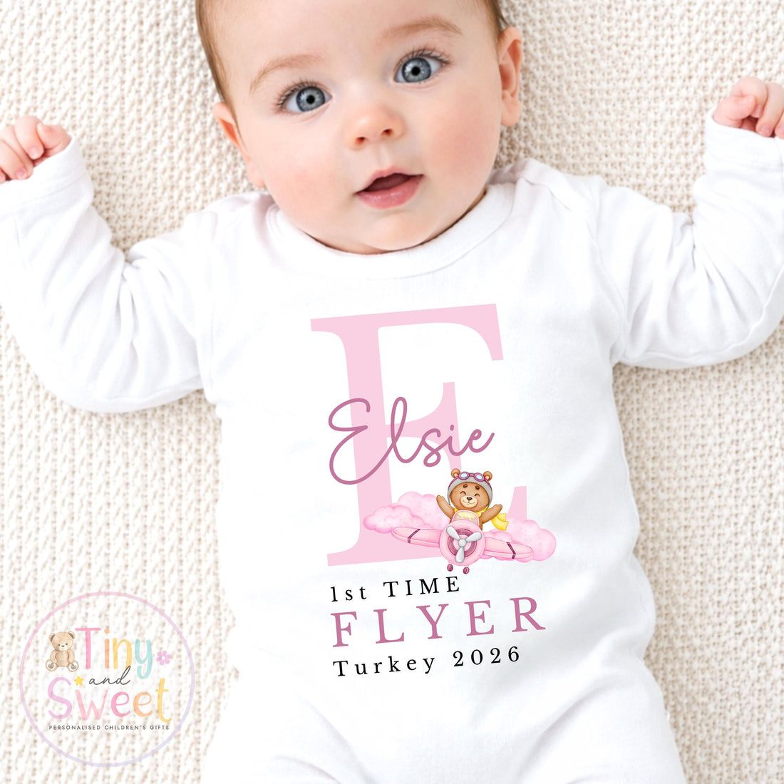 Personalised First Flight Sleepsuit Baby, First Time Flyer Bodysuit, Baby’s First Holiday Outfit, Custom Name Babygrow