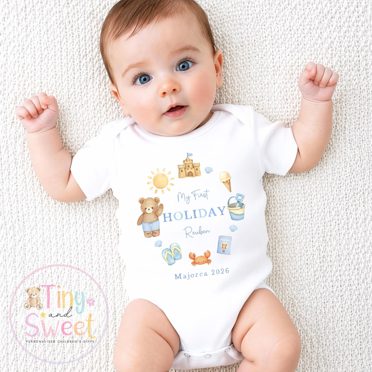 My First Holiday T Shirt, Personalised Baby Travel Outfit, Baby’s First Holiday T Shirt, Cute Summer Travel Outfit, My First Holiday