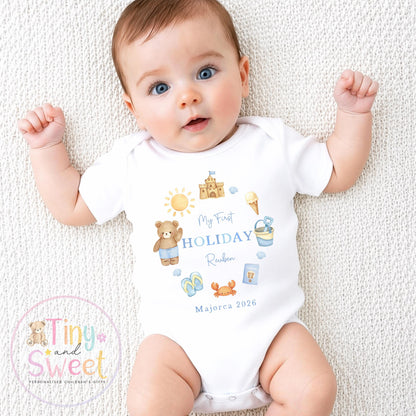 My First Holiday T Shirt, Personalised Baby Travel Outfit, Baby’s First Holiday T Shirt, Cute Summer Travel Outfit, My First Holiday