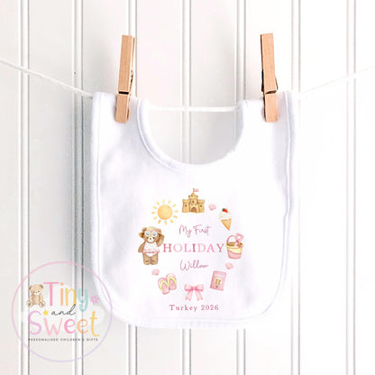 My First Holiday Sleepsuit, Personalised Baby Travel Outfit, Baby’s First Holiday T Shirt, Cute Summer Travel Outfit, My First Holiday