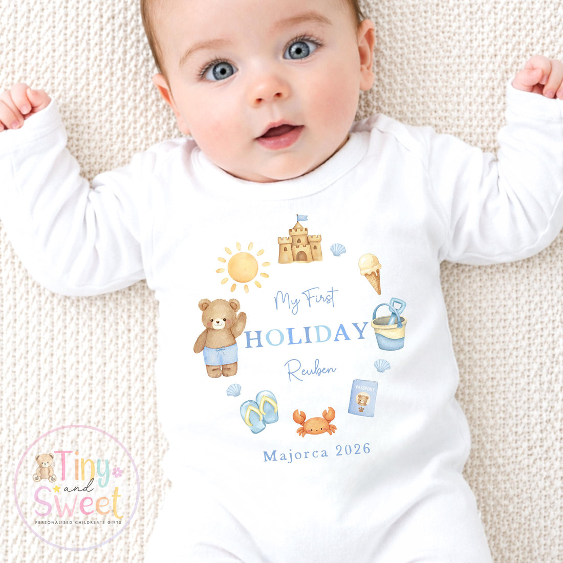 My First Holiday Sleepsuit, Personalised Baby Travel Outfit, Baby’s First Holiday T Shirt, Cute Summer Travel Outfit, My First Holiday