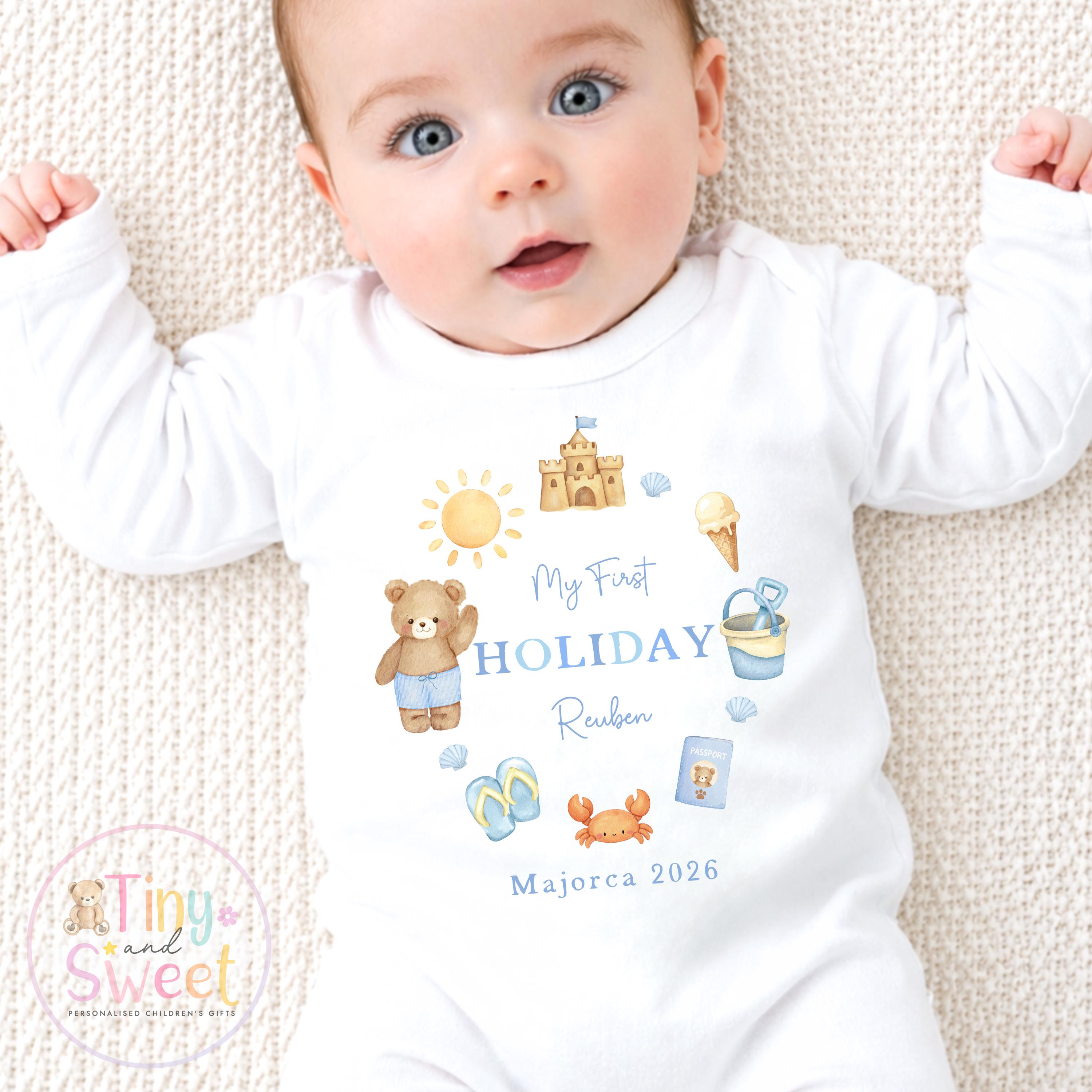 My First Holiday Sleepsuit, Personalised Baby Travel Outfit, Baby’s First Holiday T Shirt, Cute Summer Travel Outfit, My First Holiday