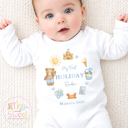 My First Holiday Sleepsuit, Personalised Baby Travel Outfit, Baby’s First Holiday T Shirt, Cute Summer Travel Outfit, My First Holiday