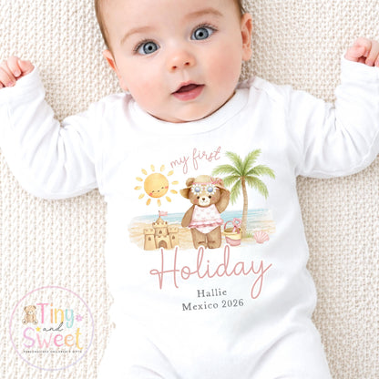 My First Holiday Sleepsuit, Personalised Baby Travel Outfit, Baby’s First Holiday T Shirt, Cute Summer Travel Outfit, My First Holiday