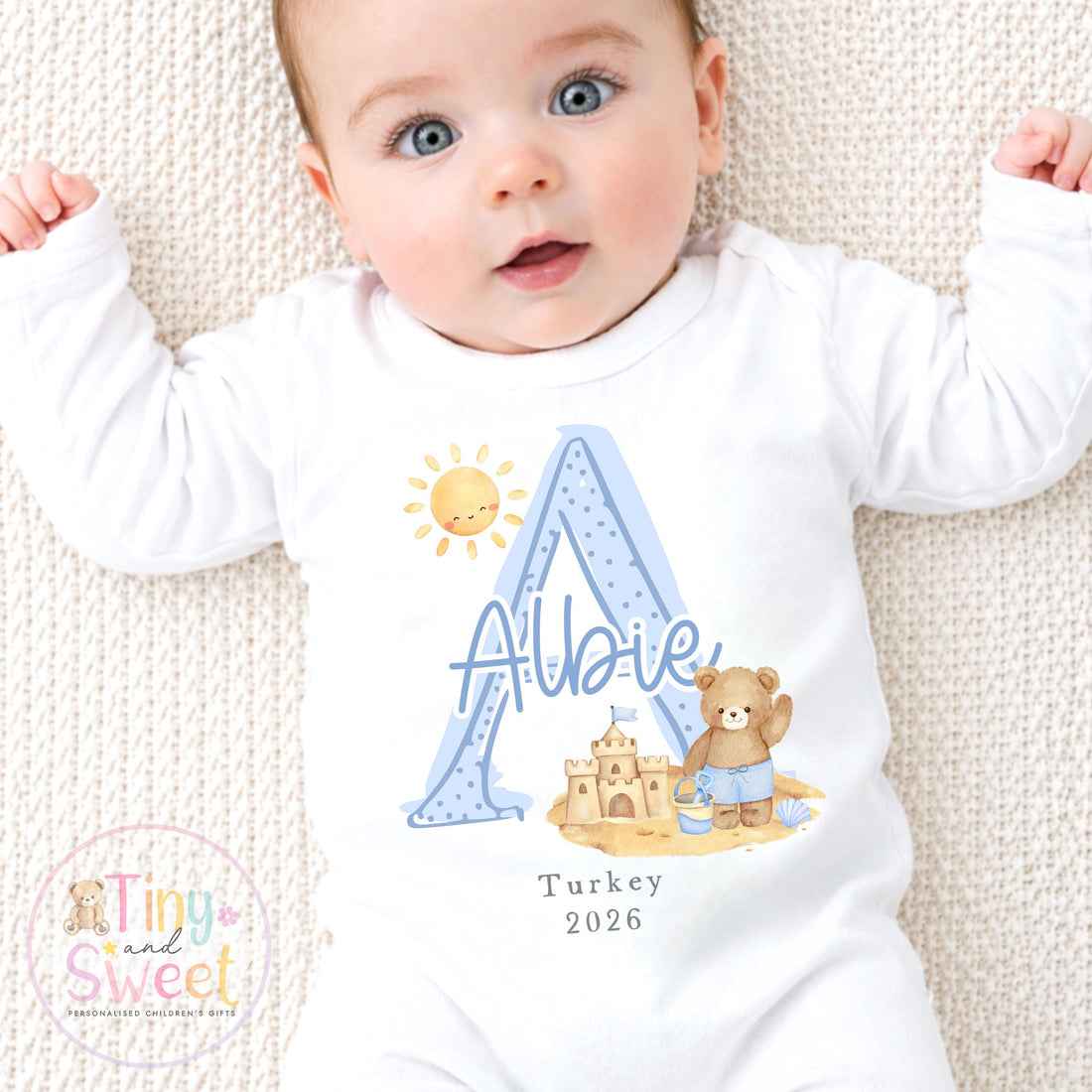 Personalised Holiday Sleepsuit, Personalised Baby Travel Outfit, Baby’s First Holiday T Shirt, Cute Summer Travel Outfit, My First Holiday
