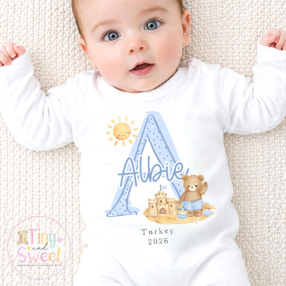 Personalised Holiday Sleepsuit, Personalised Baby Travel Outfit, Baby’s First Holiday T Shirt, Cute Summer Travel Outfit, My First Holiday