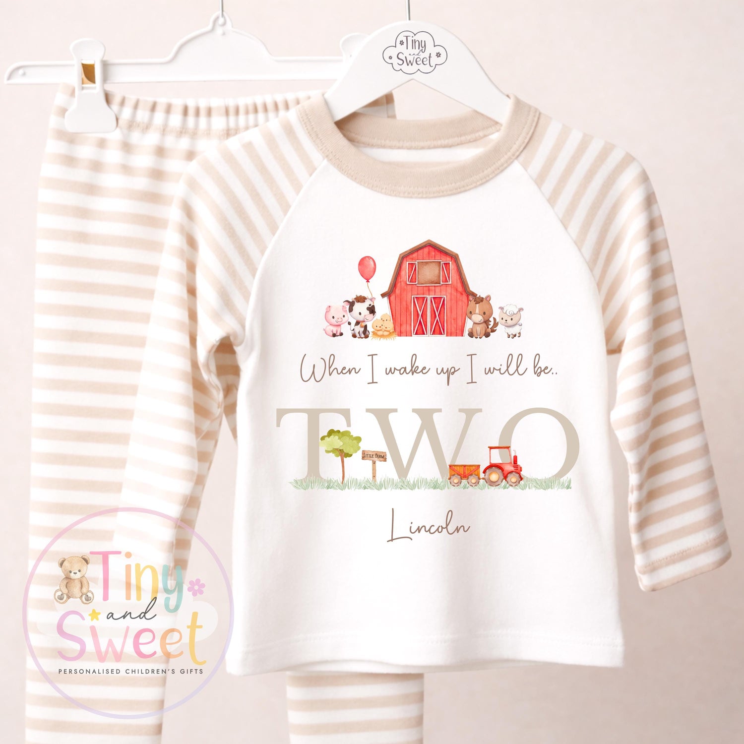 Beige Farm Birthday Pyjamas, Personalised When I Wake Up I’ll Be.. - 100% Cotton