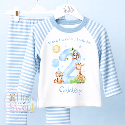 Blue Safari Animals Personalised Birthday Pyjamas, When i wake up i will be .. - 100% Cotton