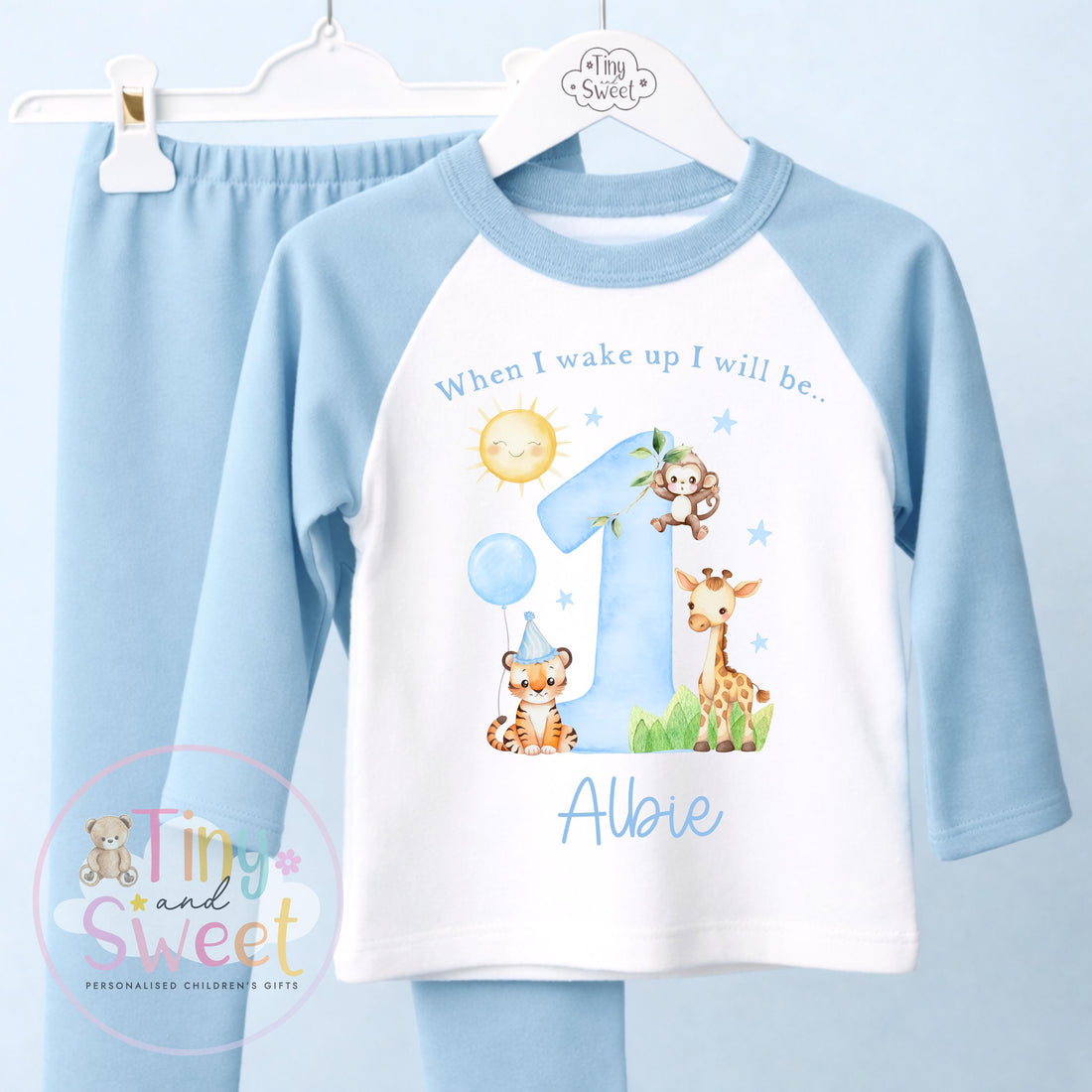 Blue Safari Animals Personalised Birthday Pyjamas, When i wake up i will be .. - 100% Cotton