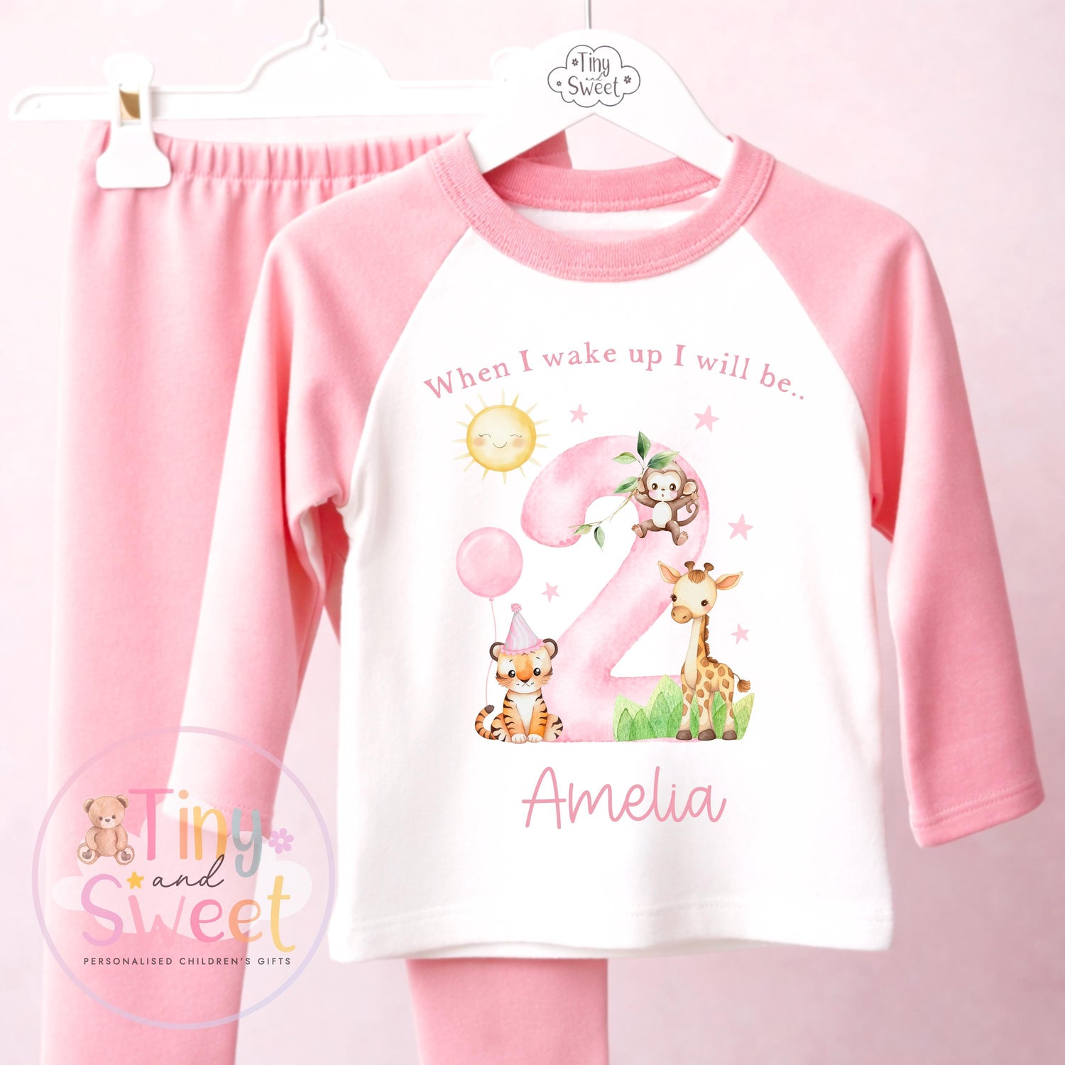 Pink Safari Animals Personalised Birthday Pyjamas, When i wake up i will be .. - 100% Cotton