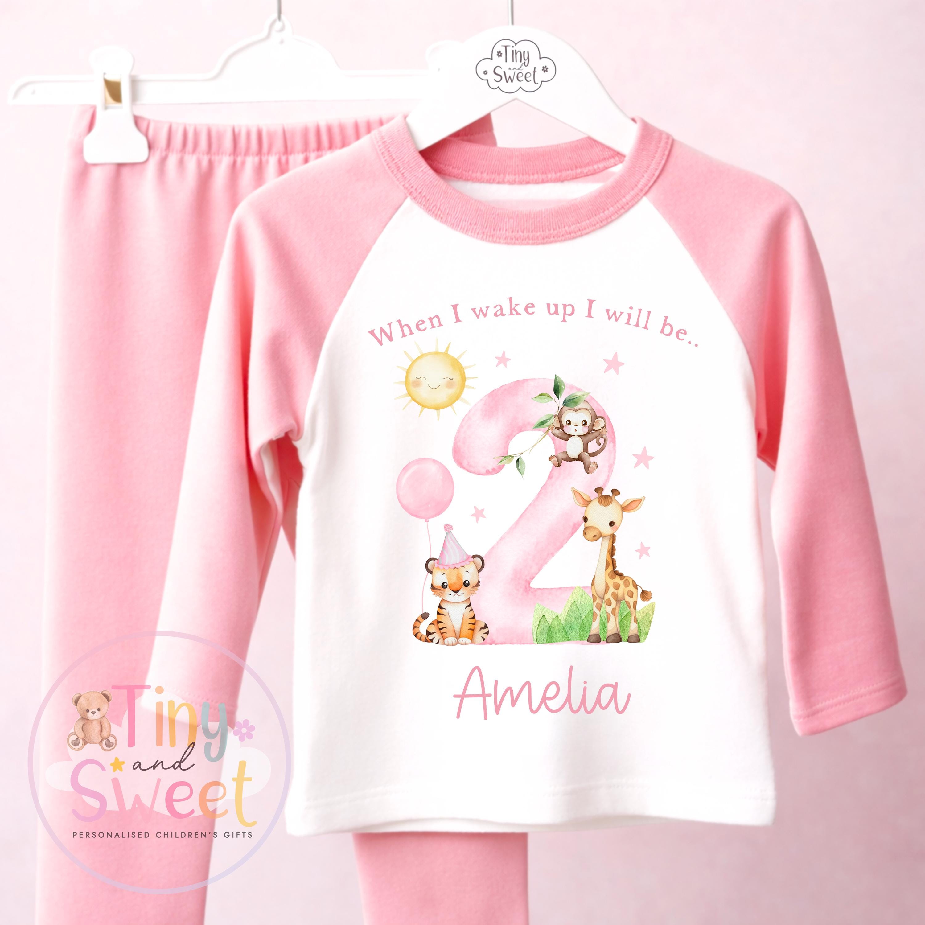 Pink Safari Animals Personalised Birthday Pyjamas, When i wake up i will be .. - 100% Cotton