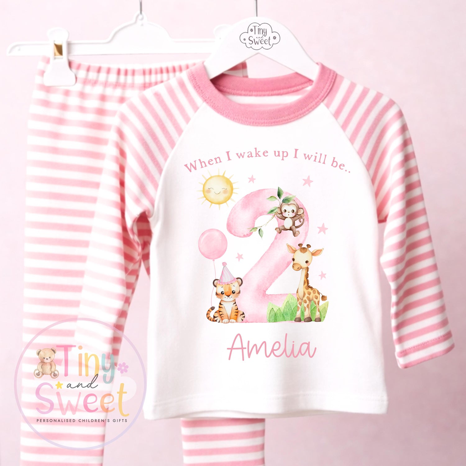 Pink Safari Animals Personalised Birthday Pyjamas, When i wake up i will be .. - 100% Cotton