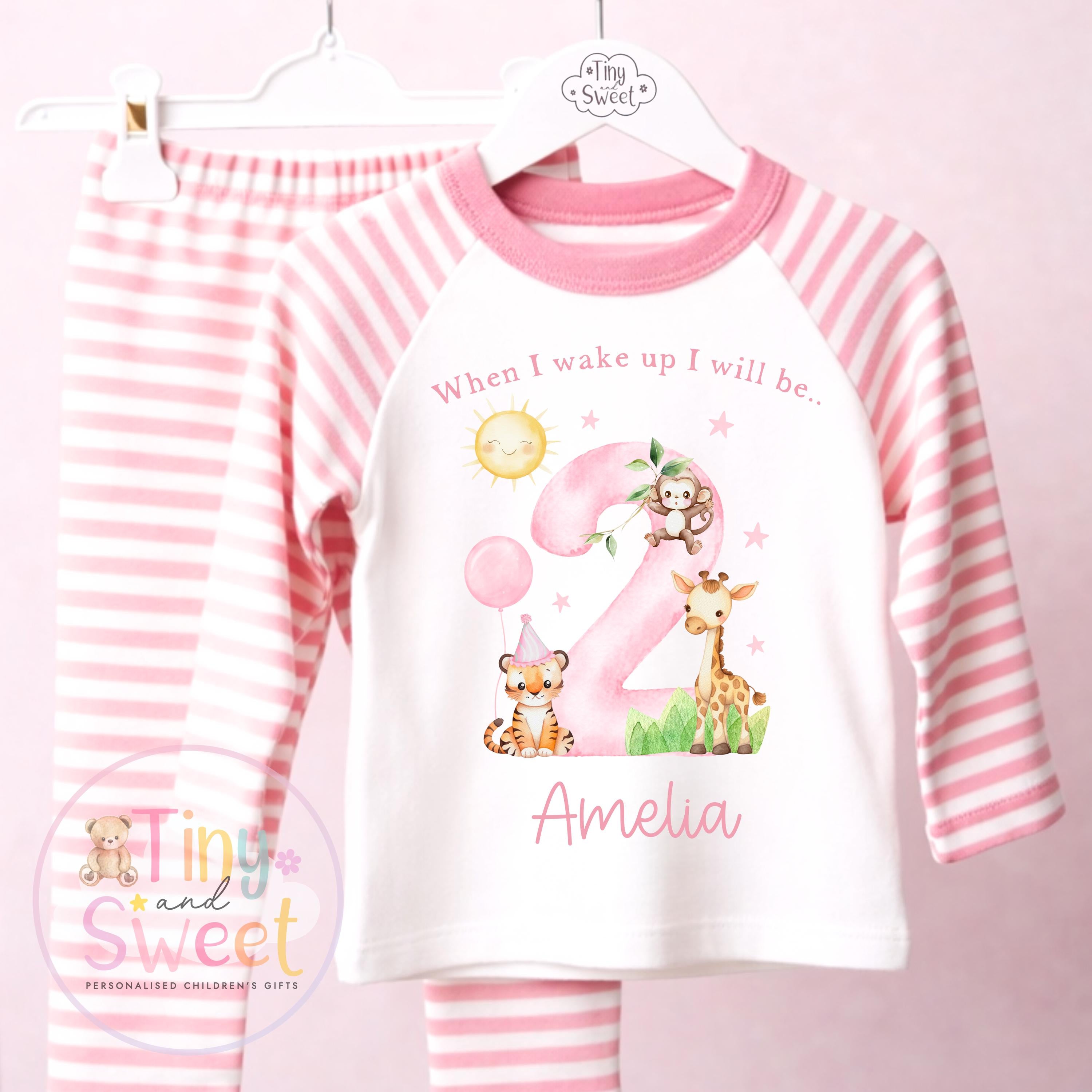 Pink Safari Animals Personalised Birthday Pyjamas, When i wake up i will be .. - 100% Cotton