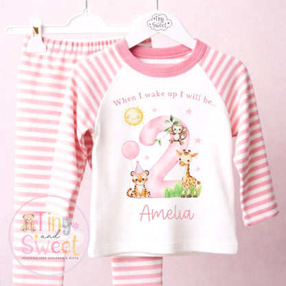 Pink Safari Animals Personalised Birthday Pyjamas, When i wake up i will be .. - 100% Cotton