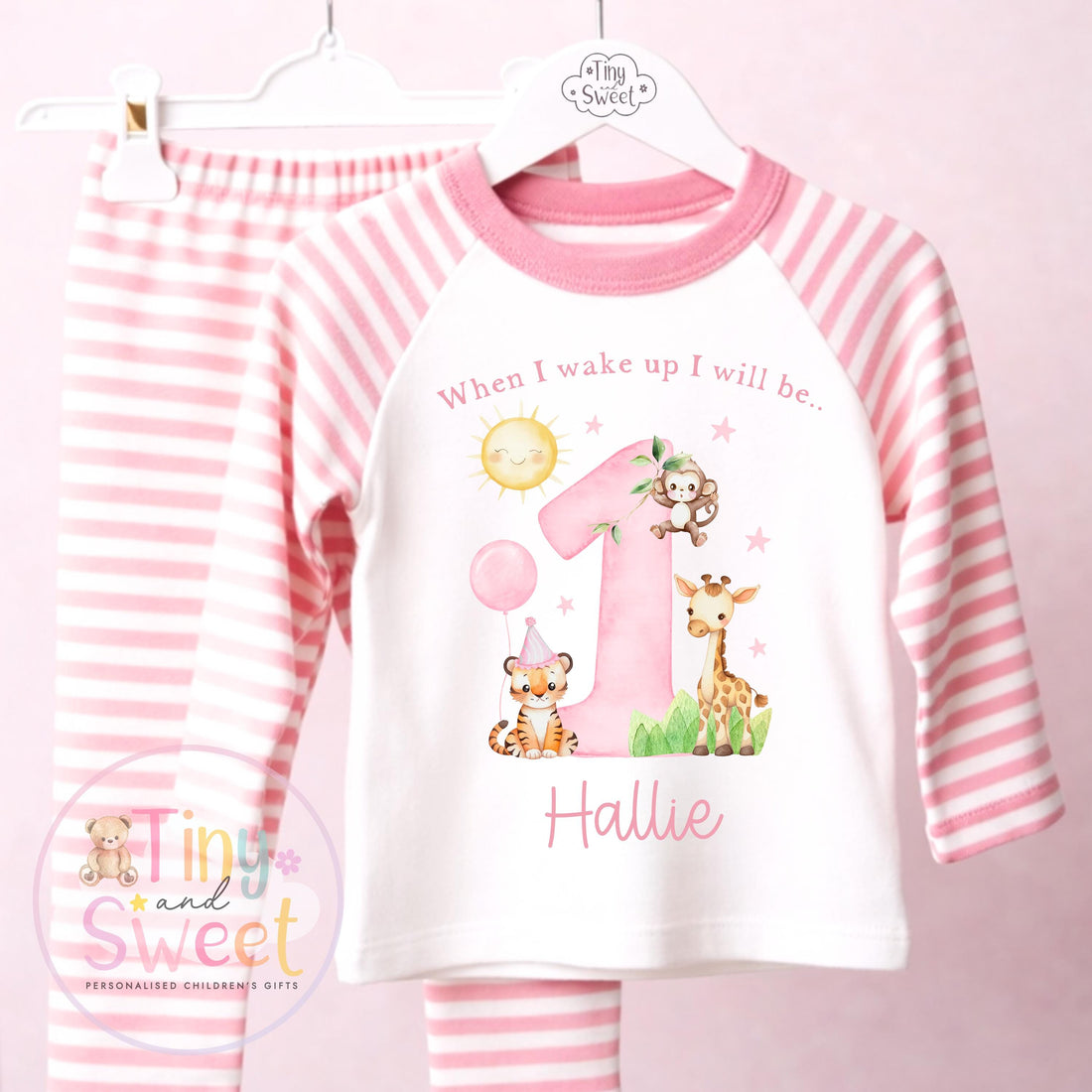 Pink Safari Animals Personalised Birthday Pyjamas, When i wake up i will be .. - 100% Cotton