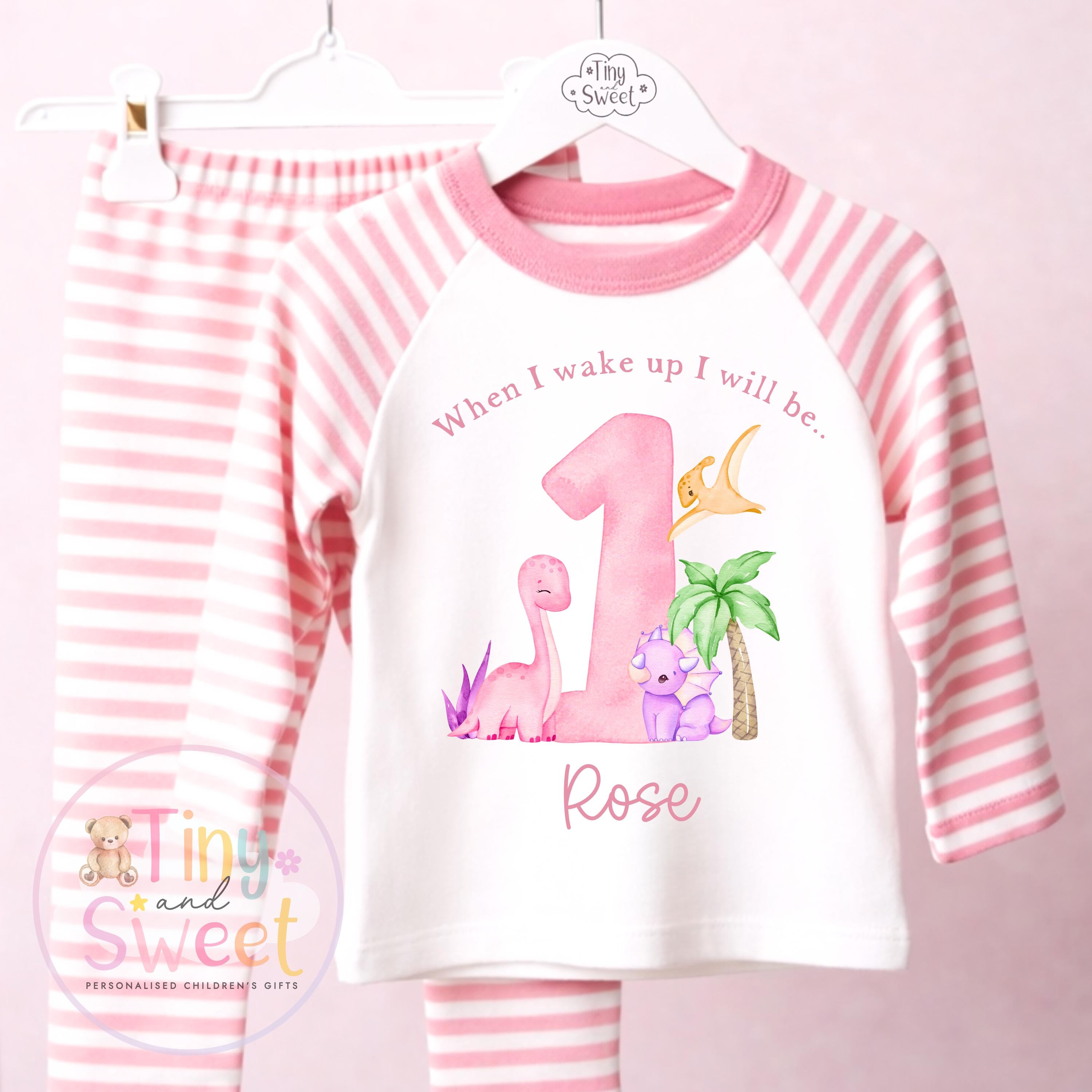 Pink Girly Dinosaur Personalised Birthday Pyjamas, When I Wake up i will be .. - 100% Cotton