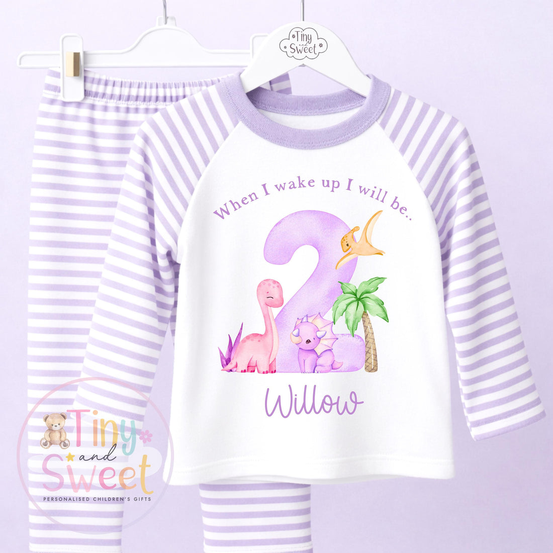 Purple Girly Dinosaur Personalised Birthday Pyjamas, When I Wake up i will be .. - 100% Cotton