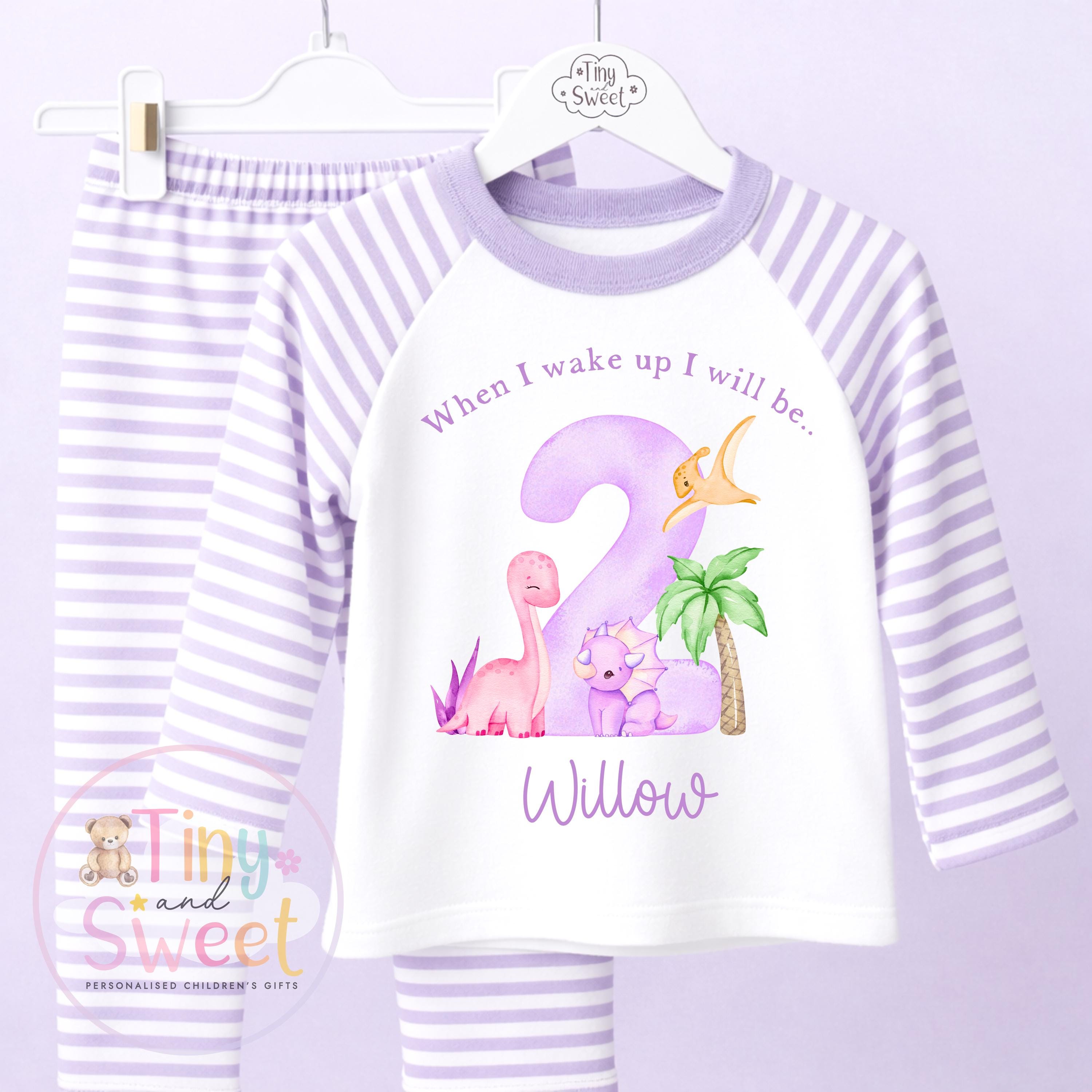 Purple Girly Dinosaur Personalised Birthday Pyjamas, When I Wake up i will be .. - 100% Cotton