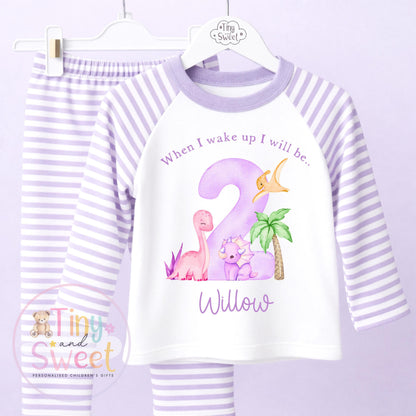 Purple Girly Dinosaur Personalised Birthday Pyjamas, When I Wake up i will be .. - 100% Cotton