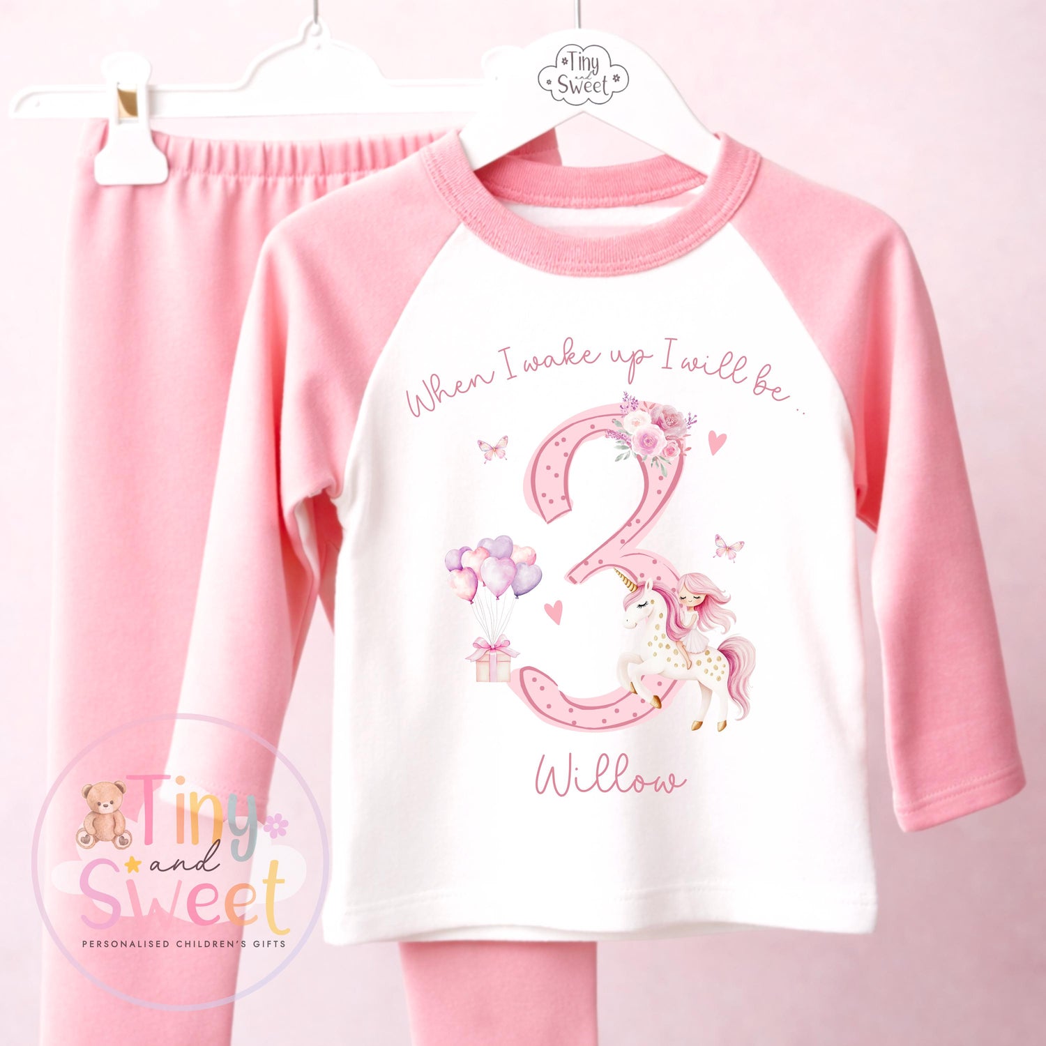 Pink Unicorn Personalised Birthday Pyjamas, When I Wake up i will be .. - 100% Cotton