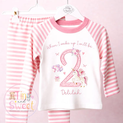 Pink Unicorn Personalised Birthday Pyjamas, When I Wake up i will be .. - 100% Cotton