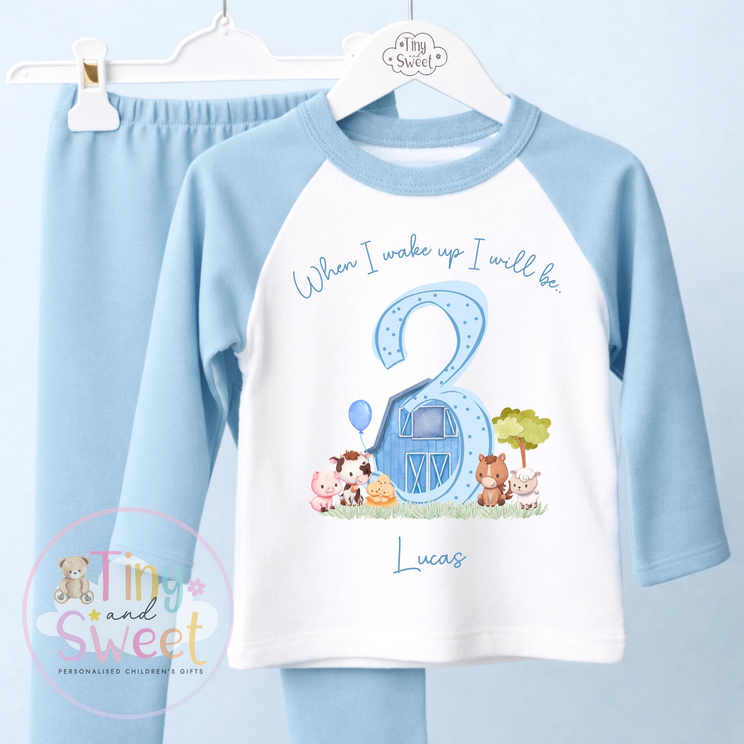 Blue Farm Birthday Pyjamas, Personalised When I Wake Up I’ll Be.. - 100% Cotton