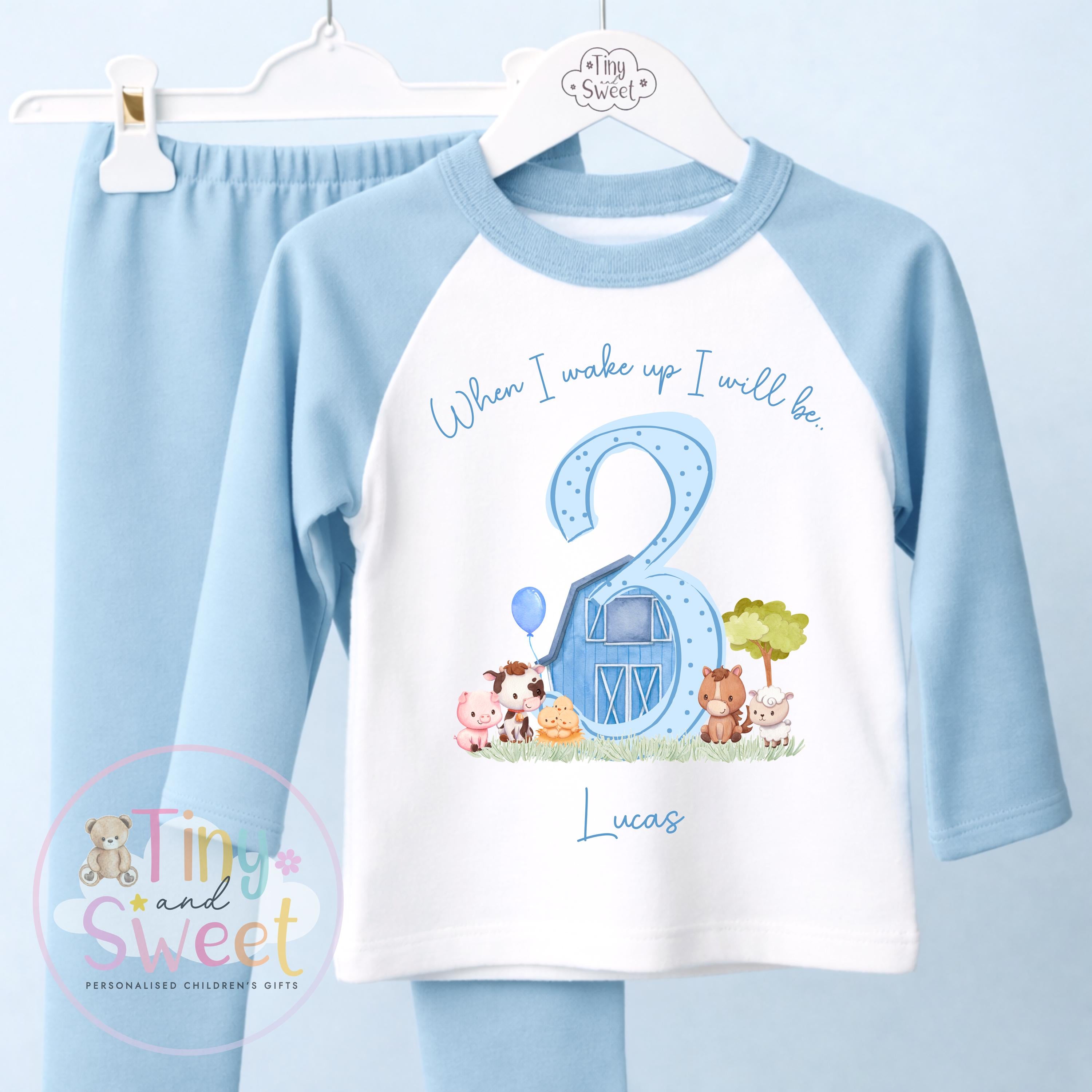 Blue Farm Birthday Pyjamas, Personalised When I Wake Up I’ll Be.. - 100% Cotton