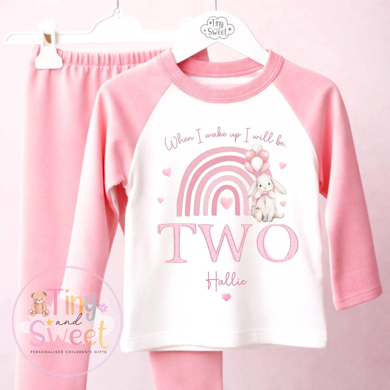 Pink Bunny Personalised Birthday Pyjamas, When I wake up I will be .. - 100% Cotton