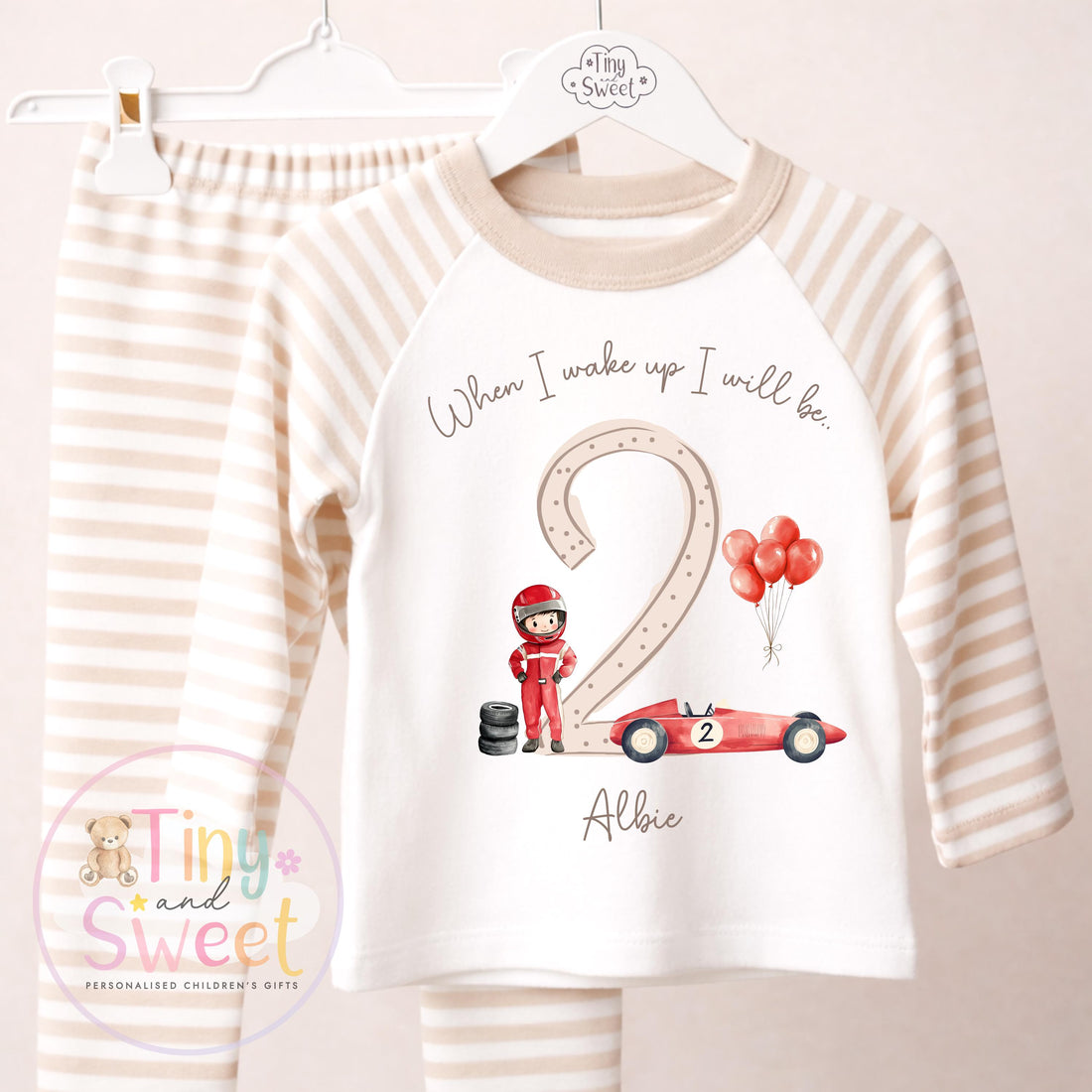 Personalised Beige Red Racing Car Birthday Pyjamas, When I Wake up i&