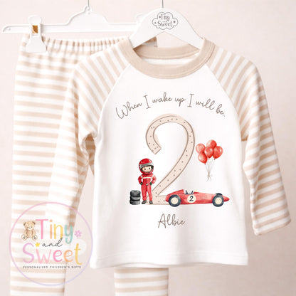 Personalised Beige Red Racing Car Birthday Pyjamas, When I Wake up i&